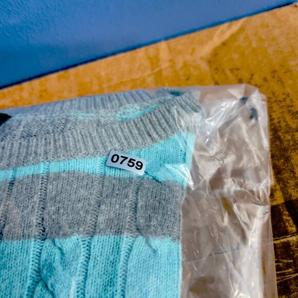 Talbots Crew Neck Sweater Woman's L 30% Lambswool Cable Knit Teal Grey Stripe - Picture 10 of 10